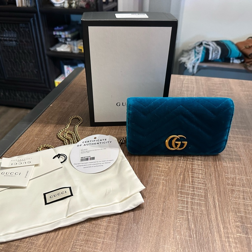 Gucci Teal Velvet Clutch with Gold GG Logo